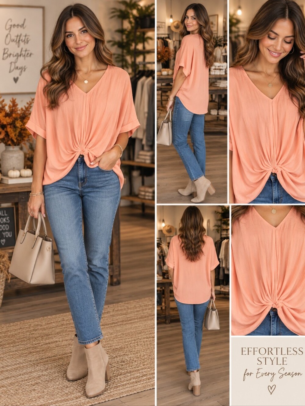 Jennifer Lopez Peach Knot-Front V-Neck Blouse
